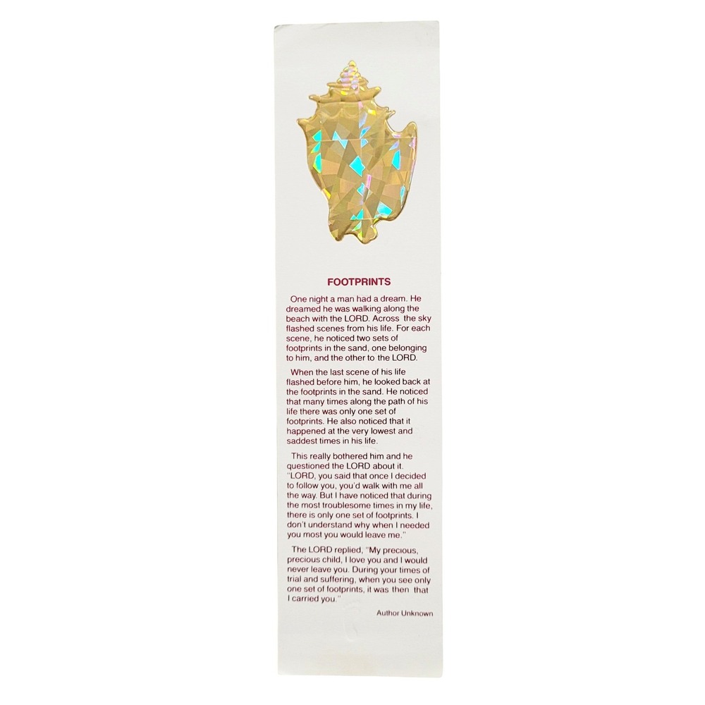 Vintage 80s Footprints Poem paper Bookmark- gold iridescent embossed conch shell